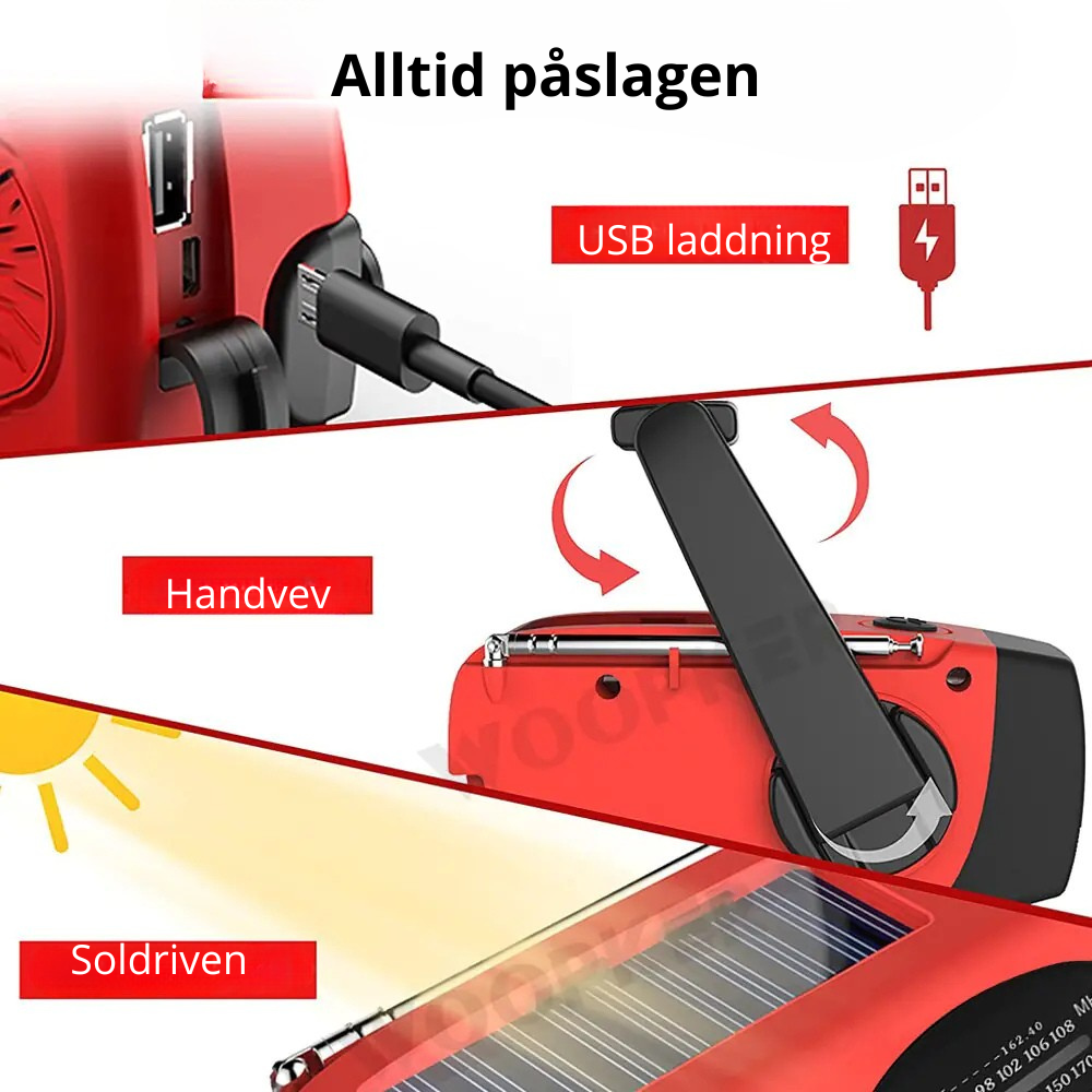 Mångsidig vevradio med kraftfull ficklampa och USB laddare