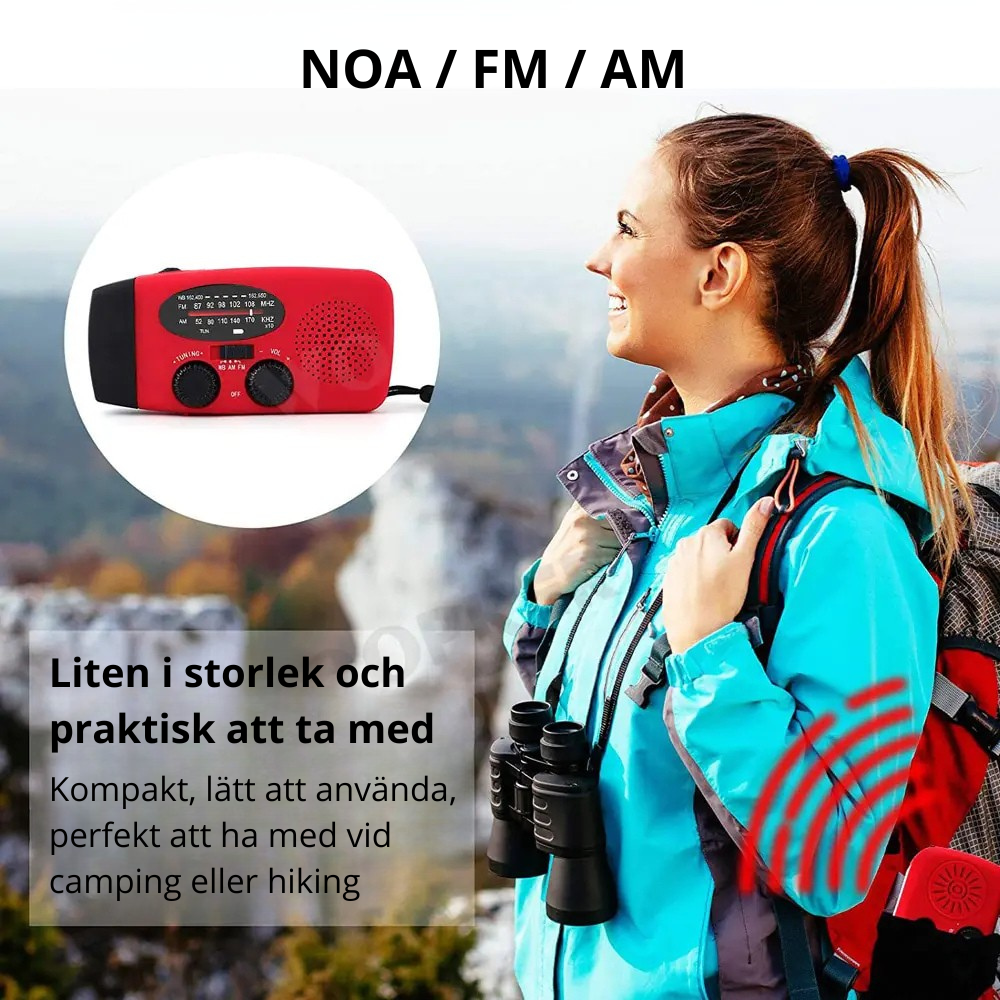 Mångsidig vevradio med kraftfull ficklampa och USB laddare